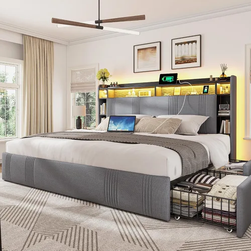 Vista 13 de EnHomee Base de cama de tamaño matrimonial con 4 cajones de almacenamiento y cabecero tapizado, marco de cama matrimonial con LED, estación de carga