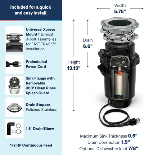 Vista 3 de Moen Prep Series PRO GXP50C - Triturador de basura compacto de alimentación continua para fregadero de cocina con cable de alimentación