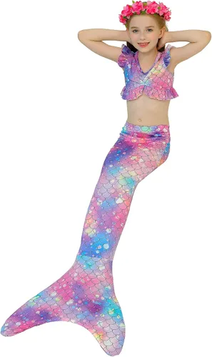 Vista 5 de zocapuy Traje de baño de cola de sirena para niñas y niños, disfraz de princesa, traje de baño para fiesta (sin monoaleta)
