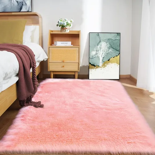 Vista 26 de Goolela Alfombra esponjosa de piel sintética para dormitorio, color marrón claro beige, 2 x 3 pies, alfombra de piel de oveja peluda y difusa