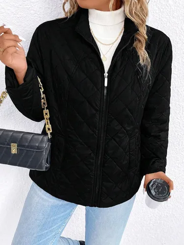 Vista 6 de MakeMeChic Abrigo de manga larga con cremallera para mujer, talla grande, color liso, casual, con bolsillos