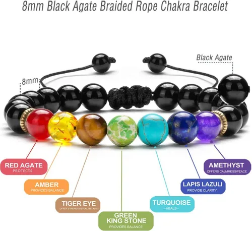 Vista 2 de Brazalete GelConnie de piedras de lava, 7 chakras, 0.32 pulgadas, piedra natural, para curación, alivio del estrés, yoga, ansiedad, aromaterapia