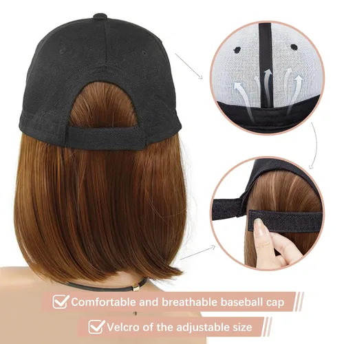 Vista 4 de SEGO Gorra de béisbol con extensiones de cabello para mujer, resistente al calor, sintético, 6 pulgadas, ajustable, corta, recta, peluca de repuesto