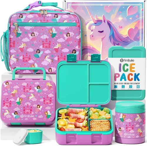 Vista 10 de Fimibuke Lonchera Bento de 32 onzas para niños con termo de 12 onzas, bolsa de almuerzo aislada y bolsa de hielo, contenedor de comida de 3