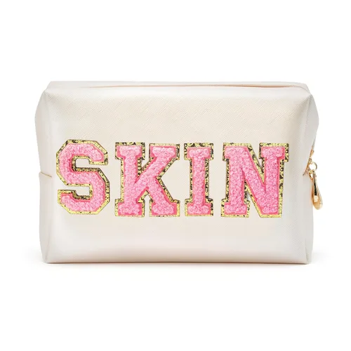 Vista 8 de Y1tvei Preppy Patch SKIN Letra Blanca Rosa Bolsa de Aseo para Cosméticos de Piel Sintética Bolsa de Maquillaje Portátil Bolsa de Almacenamiento