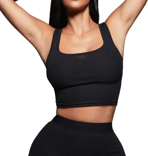 Vista 2 de ZFLM Conjuntos de entrenamiento casuales de dos piezas para mujer, camiseta sin mangas acanalada, cintura alta, leggings de yoga para uso activo