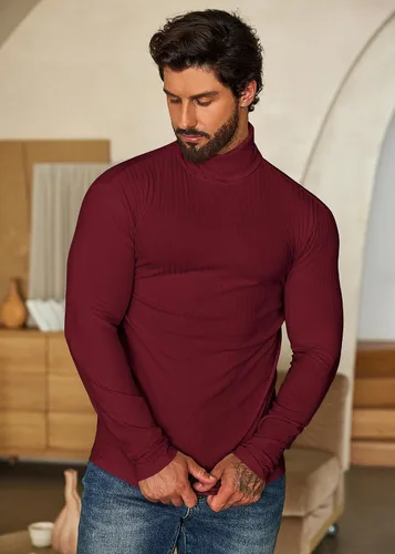 Vista 8 de COOFANDY Suéter de cuello alto para hombre, ajuste delgado, ligero, básico, acanalado