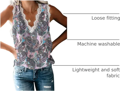 Vista 262 de VIISHOW - Camiseta sin mangas, sexy, con cuello en V y bordes de encaje para mujer, camisola de vestir, camisas de gasa, sin mangas, casuales