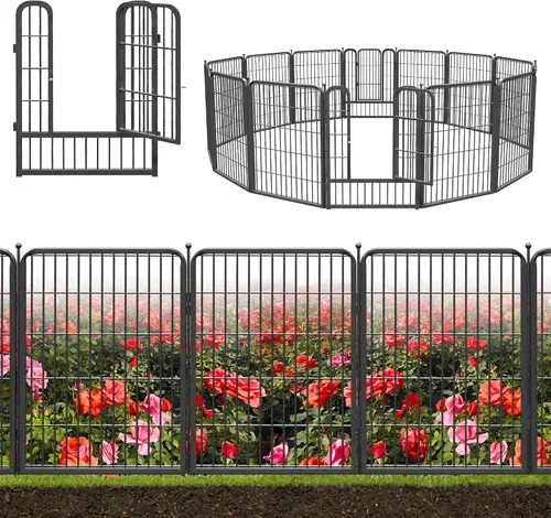 Vista 15 de Valla decorativa de metal negro para jardín con puerta, 4.5 pies de largo x 32 pulgadas de alto, 2 paneles de valla sin excavación, valla de barrera