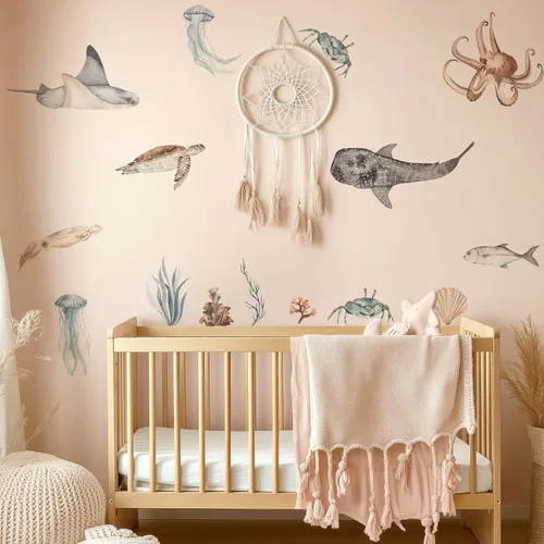 Vista 4 de Calcomanías de pared de océano para guardería, calcomanías grandes Marine Animal-a