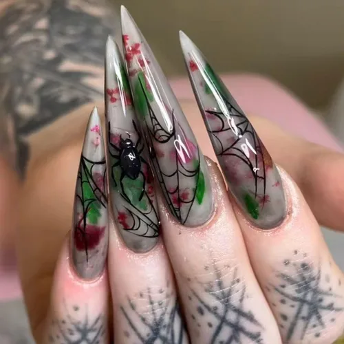 Vista 21 de RIICFDD - Uñas largas a presión con forma de almendra, punta de uñas con lazo grande, color rosa nude, con dijes de lazo negro, uñas postizas