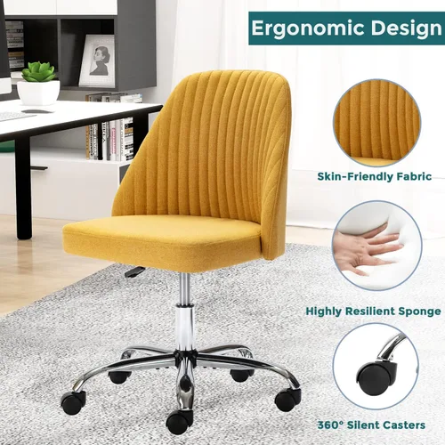 Vista 3 de SMUG VA-76-YL - Silla de escritorio amarilla, moderna y ajustable con ruedas, sin brazos para dormitorio, silla de tocador para sala de maquillaje