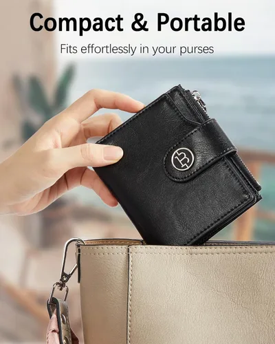 Vista 4 de BOSTANTEN Cartera de cuero para mujer, pequeña, con bloqueo RFID, bolsillo con cremallera, tarjetero con ventana de identificación, 1-negro