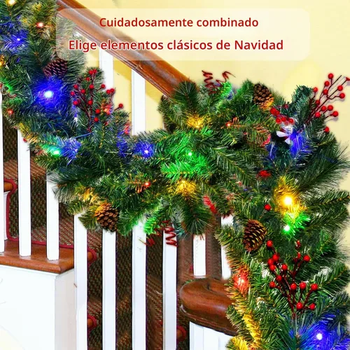 Vista 6 de Guirnalda de Navidad con luces de 9 pies, guirnalda de Navidad iluminada, funciona con pilas, 8 modos de iluminación, 50 luces LED, guirnalda