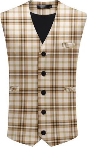 Vista 8 de YFFUSHI Chalecos de traje para hombre, a cuadros, ajustados, para vacaciones, bailes, bodas Negro