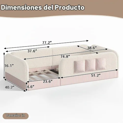 Vista 2 de Bellemave Cama Montessori tapizada individual con bolsillo de Beige