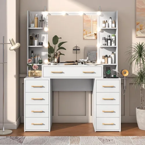 Vista 9 de Escritorio de tocador con espejo y luces, tocador de maquillaje grande de 43.5 pulgadas con parte superior de vidrio y 9 cajones, mesa de maquillaje