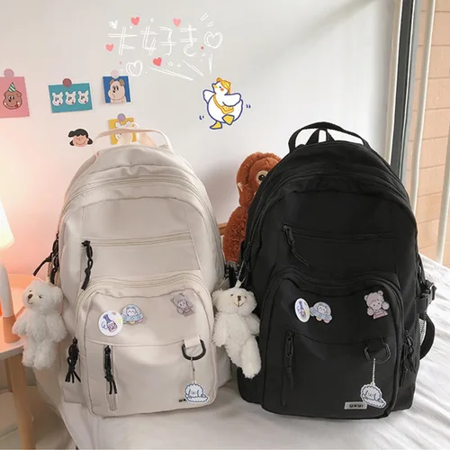 Vista 3 de Mochila Kawaii con oso de peluche, accesorios de pin kawaii, bonita bolsa de libros estética, bolsas escolares para niñas y adolescentes, Negro