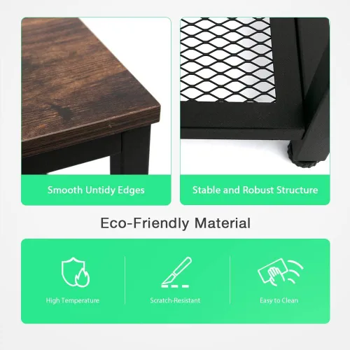 Vista 5 de Mesa auxiliar con estantes de malla de 2 niveles, estantes abiertos, mesa auxiliar pequeña, mesita de noche con aspecto de madera industrial