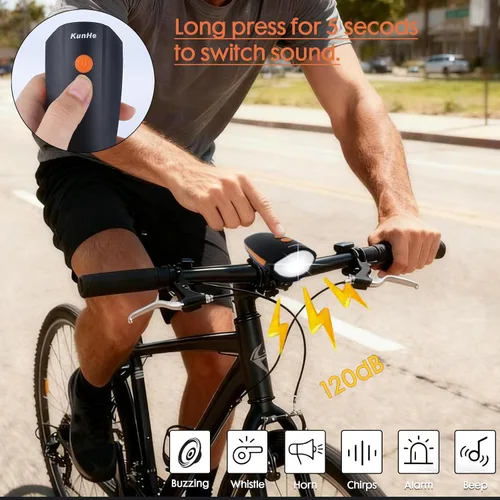 Vista 3 de Kunhe Rechargeable Bicycle Front and Rear Lights with Horn 1200mah Battery 120dB Bicycle Bell 150 lumens 3 Light Modes 5 Horn Modes Suitable for