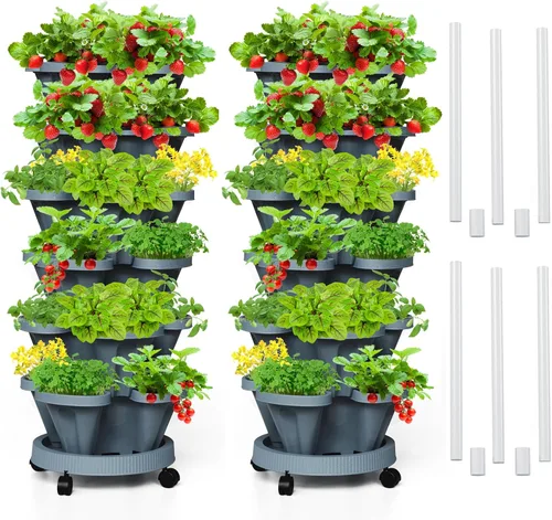 Vista 12 de Macetas verticales de fresa, paquete de 2 unidades, torre apilable de 5 niveles con poste de soporte, macetas apilables para hierbas y verduras