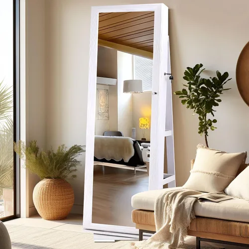 Vista 2 de sogesfurniture BHUS-QH-7021C - Armario de madera con cerradura y espejo de longitud completa, giratorio de 360, organizador de joyas con cerradura