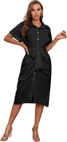 Vista 6 de LYANER Vestido midi de manga corta con cuello y botones para mujer