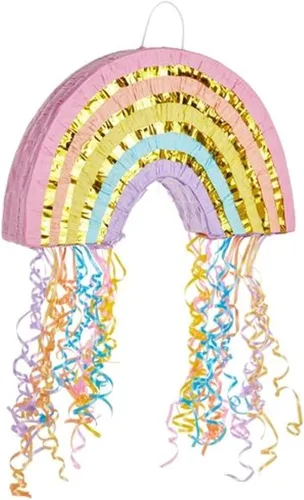 Vista 4 de BLUE PANDA Pull String Rainbow Pinata - Small 16.5 x 10 x 3 In Pastel - Mini Birthday Pinata for Rainbow Birthday Decor