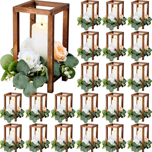 Vista 8 de Soaoo 24 faroles de madera para velas de boda, centro de mesa a granel para mesa, portavelas de madera rústica, farol de granja para bodas, fiestas