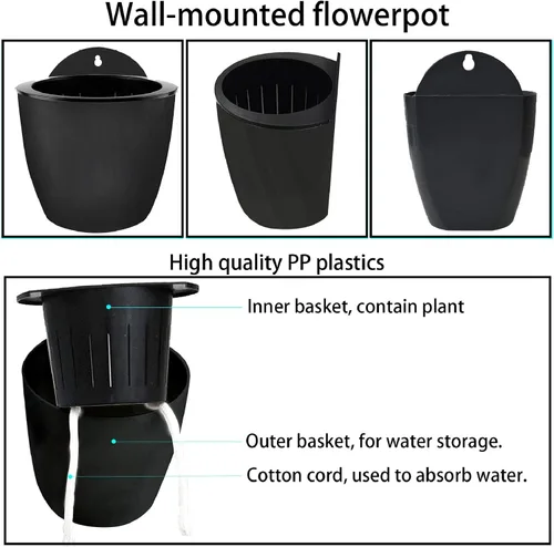 Vista 3 de Paquete de 7 macetas de plástico con riego automático para colgar en la pared, tamaño de 7 pulgadas con 7 ganchos de repuesto para plantas, flores