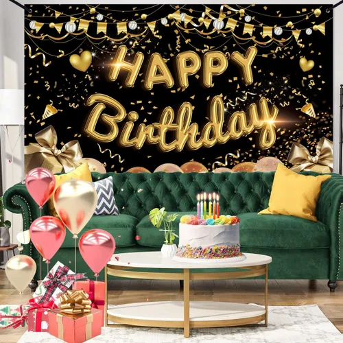 Vista 6 de Cartel de fondo de feliz cumpleaños extra grande de tela negro dorado cartel cartel fondo de cabina de fotos para hombres mujeres cumpleaños
