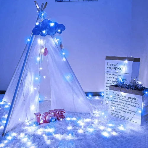 Vista 4 de Guirnalda de luces navideñas con 100 LEDs, tira de 33 pies, 8 modos, conectable, impermeable, parpadeante, con temporizador y memoria, para Azul