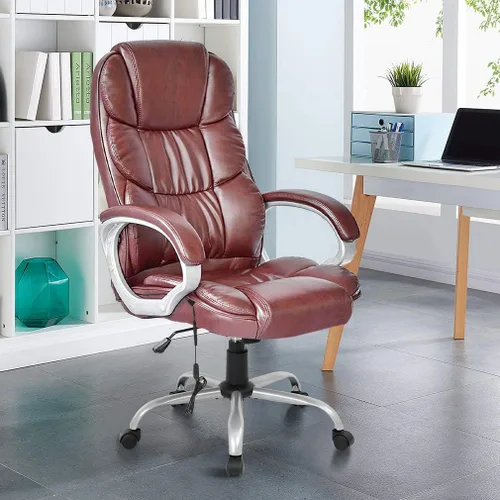 Vista 2 de BestOffice Silla giratoria ergonómica de piel sintética marrón con soporte lumbar, reposabrazos y reposacabezas para uso doméstico u oficina