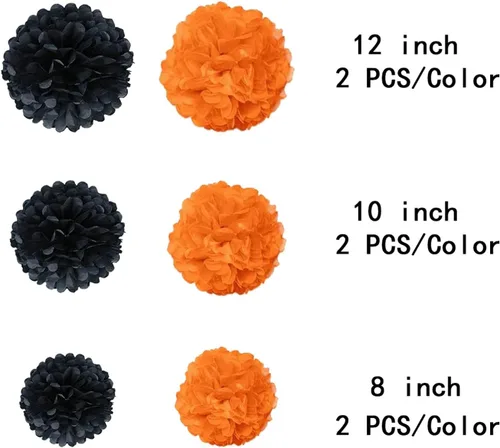 Vista 4 de Pompones de papel negro y naranja, pompones de tejido negro y naranja decoraciones colgantes, decoraciones de fiesta negro y naranja (12 unidades)