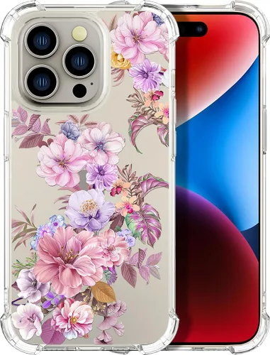 Vista 13 de Compatible con iPhone 14, funda transparente y bonita para mujeres y niñas, diseño floral, diseño floral femenino, funda para teléfono 14