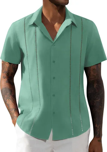 Vista 17 de Camisa de manga corta de lino para hombre de DEMEANOR, camisa guayabera cubana con botones, camisa casual de verano para la playa, la vacación