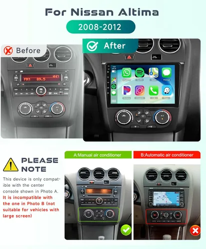 Vista 8 de Radio estéreo para coche 4G+64G para Nissan Altima 2008-2012 con CarPlay Android Auto, 9 pulgadas IPS pantalla táctil Android 13 GPS WiFi Bluetooth