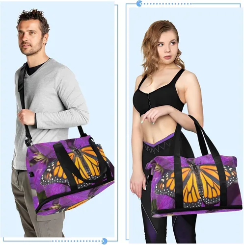 Vista 6 de Monarch Butterfly Flower Bolsa de viaje deportiva para hombres y mujeres, bolsa de gimnasio con compartimento para zapatos y correa para el hombro