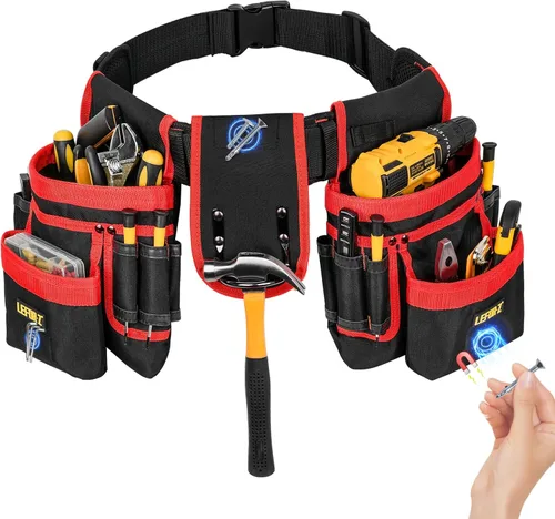 Vista 8 de Cinturón de herramientas, bolsa magnética para herramientas, cinturón de herramientas de 13 bolsillos para hombres, cinturón de herramientas