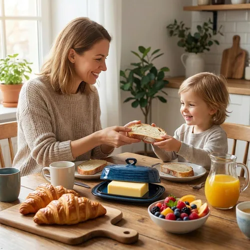 Vista 7 de HASENSE - Mantequillera con tapa, recipiente de mantequilla de porcelana con asa para encimera, gran mantequera y soporte con cubierta para Azul