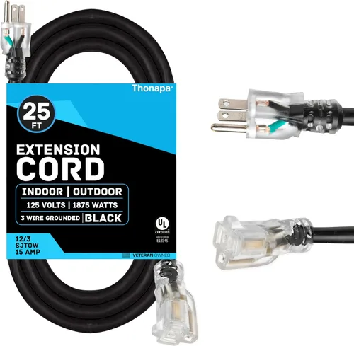 Vista 18 de Thonapa Cable de extensión de calibre 12 de 6 pies para exteriores, resistente 12/3, extremo iluminado SJTW Cable negro, 3 clavijas, enchufe a