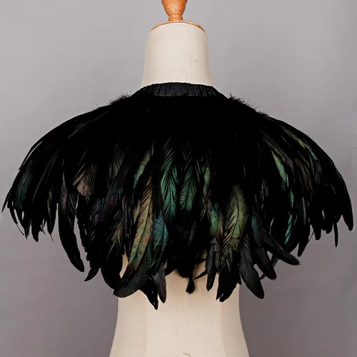 Vista 6 de Joukavor Disfraz de chal de plumas negras para mujer, cuello de plumas de Maléfica, parte superior de plumas