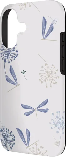 Vista 2 de Bonita funda para iPhone 17 con diseño de libélula de diente de león azul lavanda beige