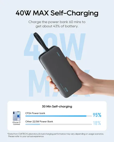 Vista 7 de CUKTECH Banco de energía de 20,000 mAh con cable USB-C integrado, cargador portátil de carga rápida PD de 40 W, batería de 3 puertos para iPhone