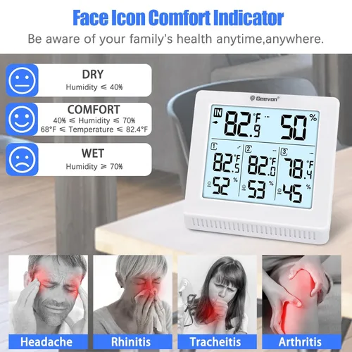 Vista 5 de Geevon Termómetro inalámbrico para interiores y exteriores con 3 sensores remotos, termómetro higrómetro digital, medidor de temperatura y monitor