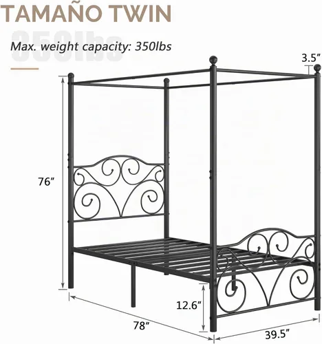 Vista 2 de VECELO Base de cama con dosel de metal, tamaño individual, base de colchón con plataforma de 4 pósteres con cabecero, soporte de listones de acero