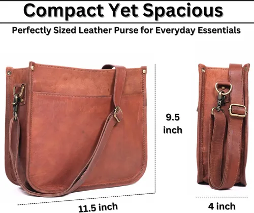 Vista 5 de Bolso cruzado de cuero genuino para mujer, bolso de cuero rústico marrón y marrón, tamaño mediano con bolsillo con cremallera, bonito bolso de uso
