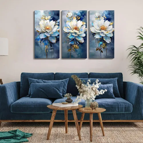 Vista 3 de AJAZIKO Arte de pared abstracto de flores, arte de pared floral, pinturas modernas para decoraciones de pared, decoración de pared familiar azul