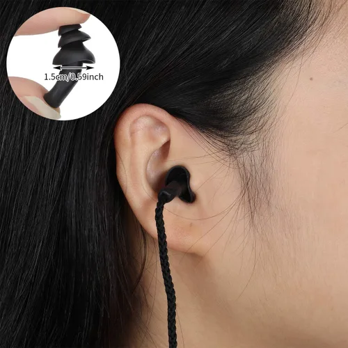 Vista 5 de Bememo 20 pares de tapones para los oídos con cable reutilizables de silicona con rango de disparo de cuerdas, reducción de ruido para natación
