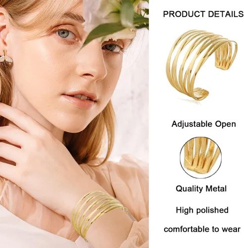 Vista 3 de 8 pulseras para mujer, pulseras de alambre ancho abierto, pulsera dorada